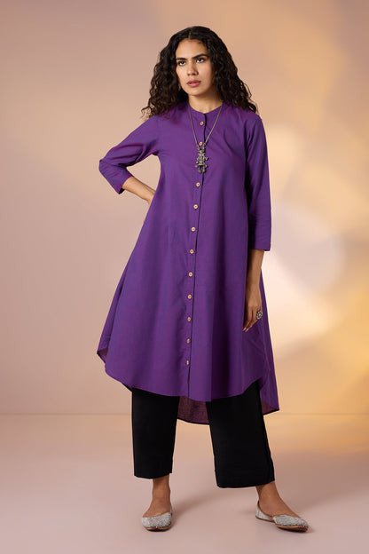 Maati Craft Gulabi Iris Shadow Cotton Asymmetrical Hemline Button Down Tunic