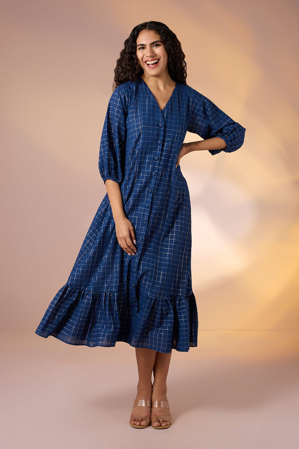 Maati Craft Gulabi Sapphire Grid Front Button Cotton Dress With Ruffle Border