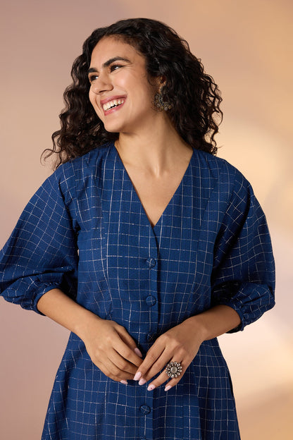 Maati Craft Gulabi Sapphire Grid Front Button Cotton Dress With Ruffle Border