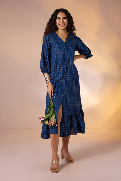 Maati Craft Gulabi Sapphire Grid Front Button Cotton Dress With Ruffle Border