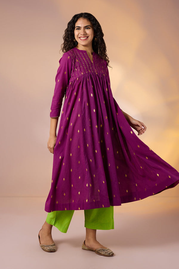 Royal Magenta Gold Pintuck Yoke Anarkali Top