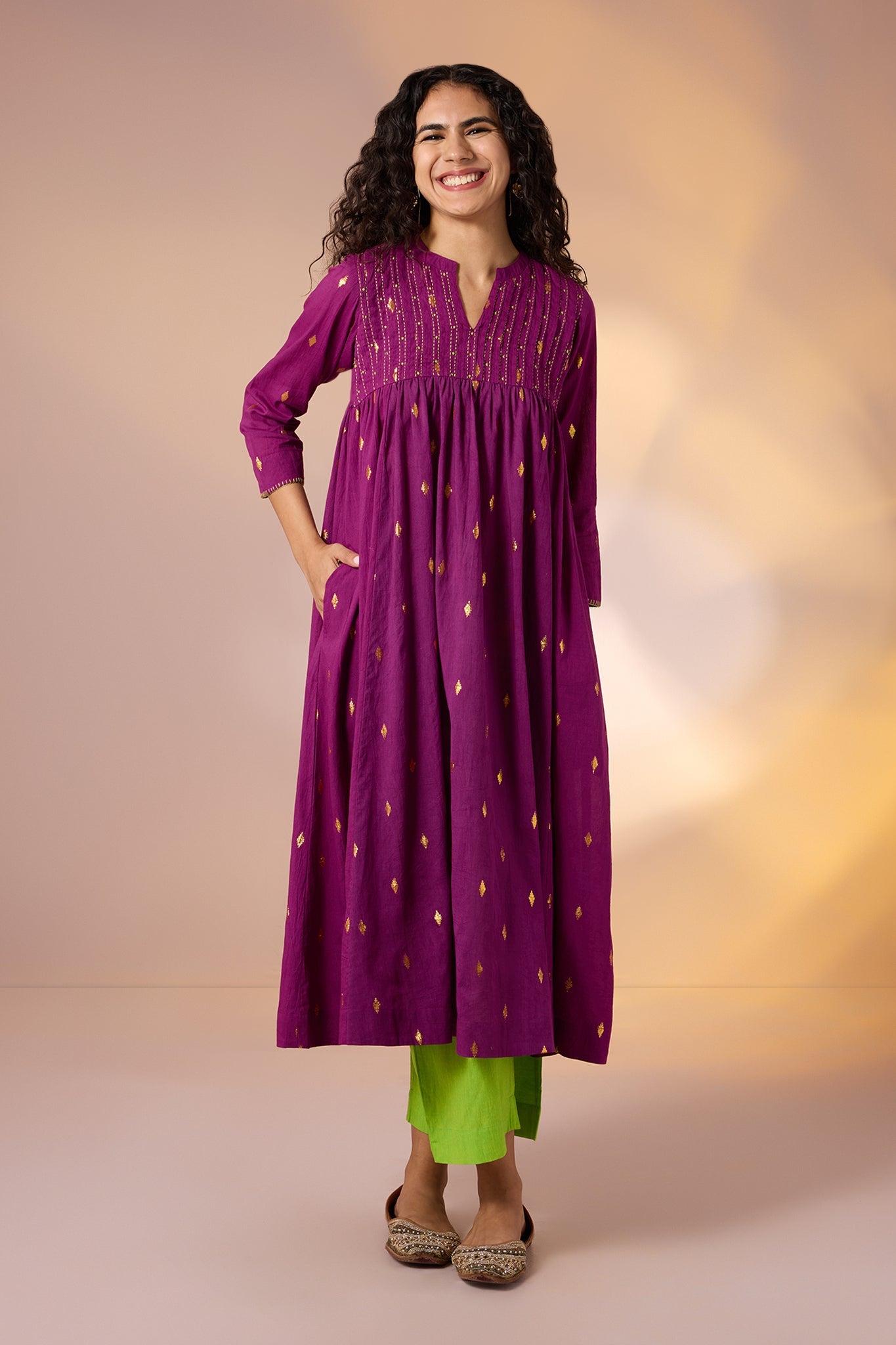 Royal Magenta Gold Pintuck Yoke Anarkali Top