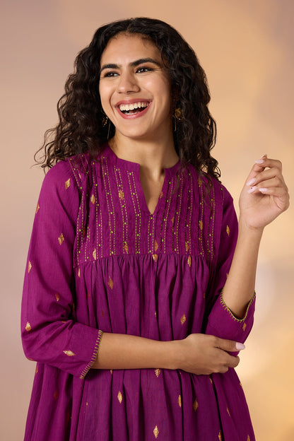 Royal Magenta Gold Pintuck Yoke Anarkali Top