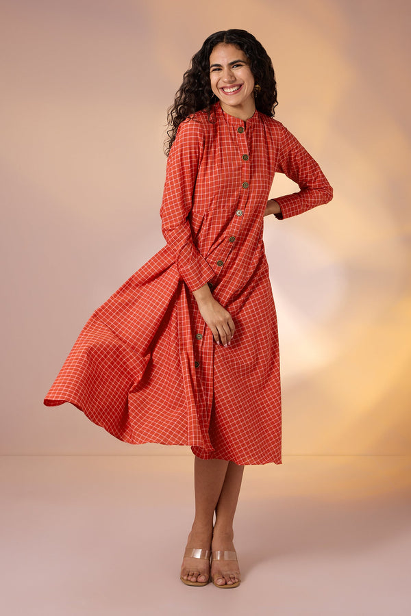 Maati Craft Terra Grid Flared Panel Midi Dress