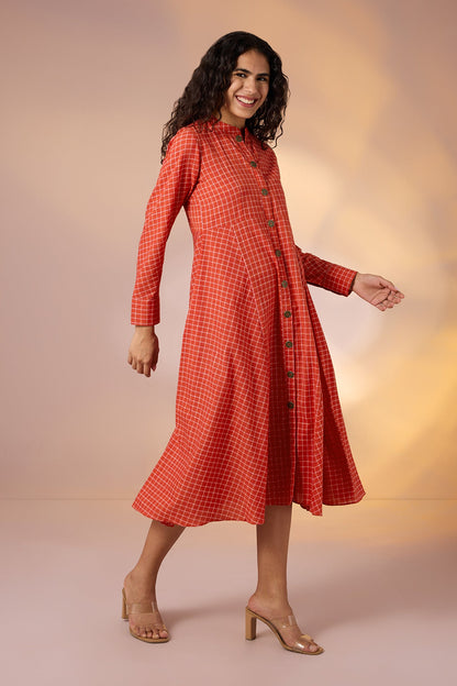 Maati Craft Terra Grid Flared Panel Midi Dress