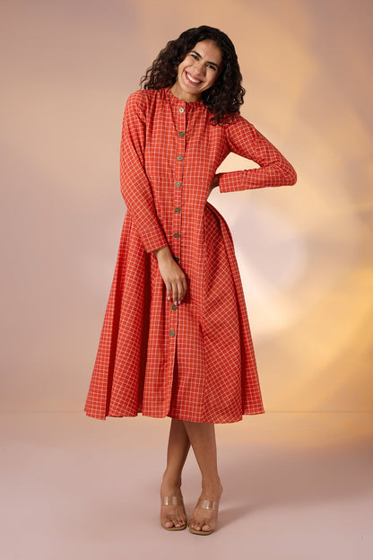 Maati Craft Terra Grid Flared Panel Midi Dress