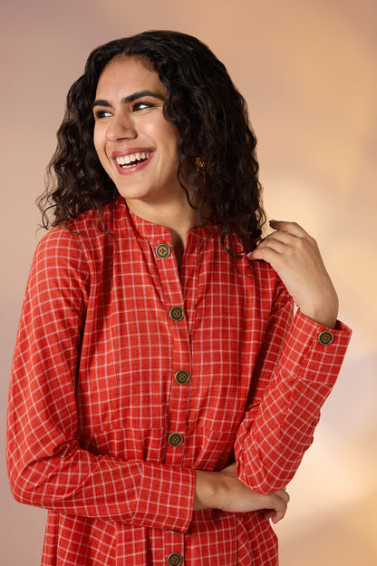 Maati Craft Terra Grid Flared Panel Midi Dress