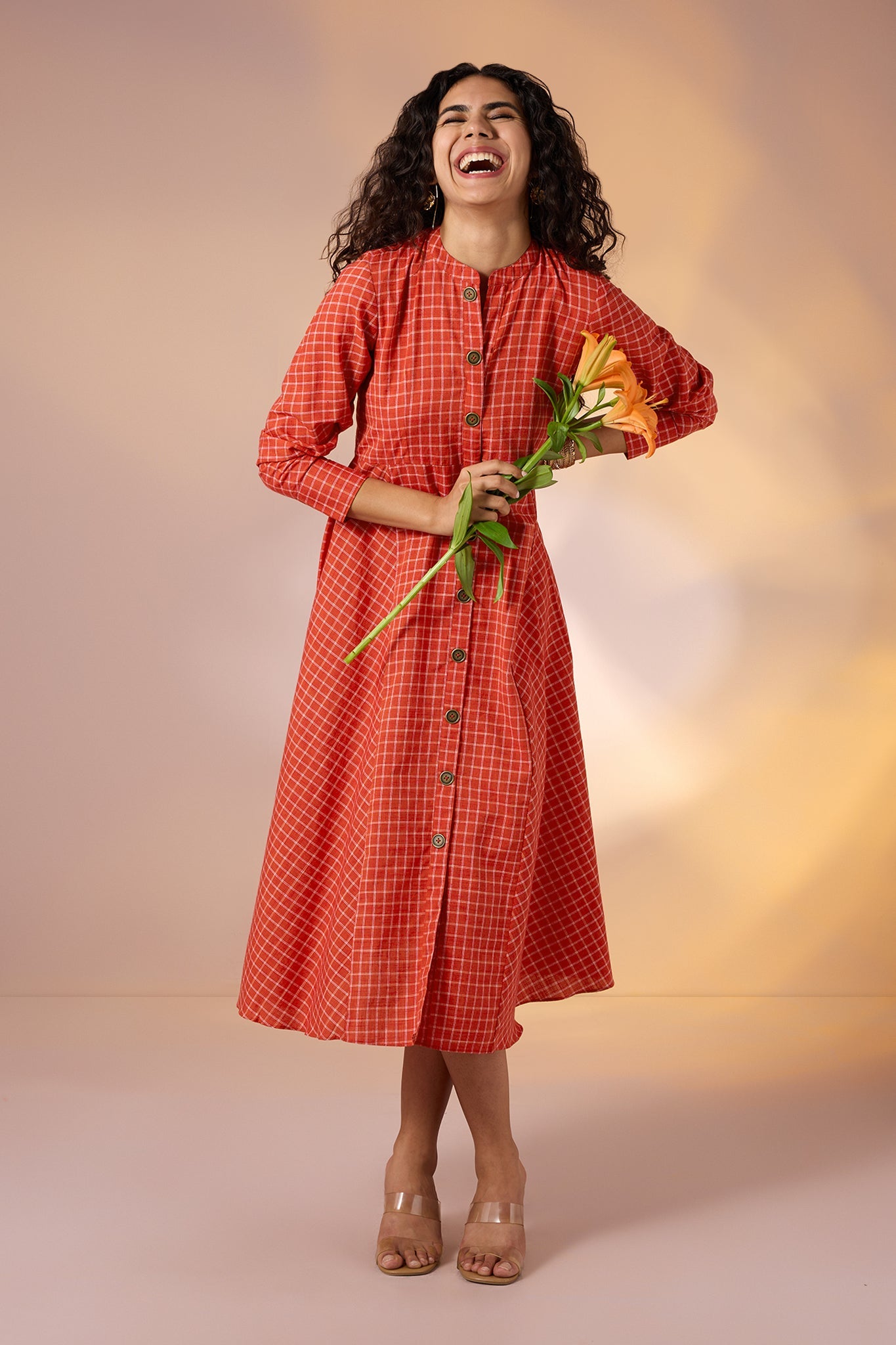 Maati Craft Terra Grid Flared Panel Midi Dress