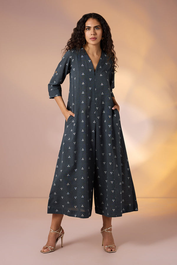 Maati Craft Gulabi Prism Grey Front Zipper Cotton Jumpsuit with Pockets & Sleeves