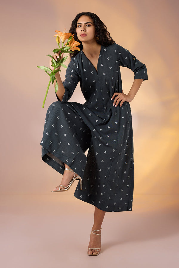 Maati Craft Gulabi Prism Grey Front Zipper Cotton Jumpsuit with Pockets & Sleeves
