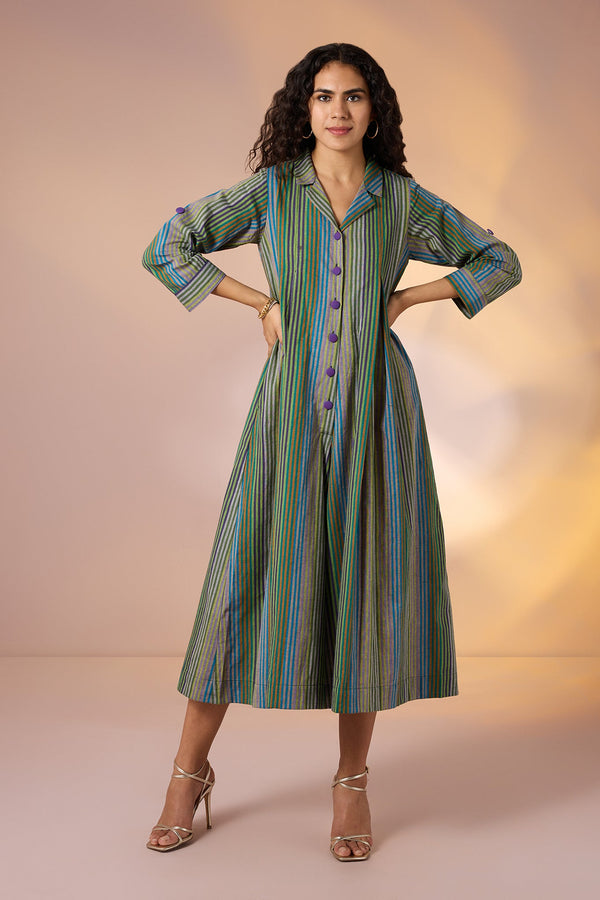 Maati Craft Forest Stripes Jumpsuit with Pockets & Collar