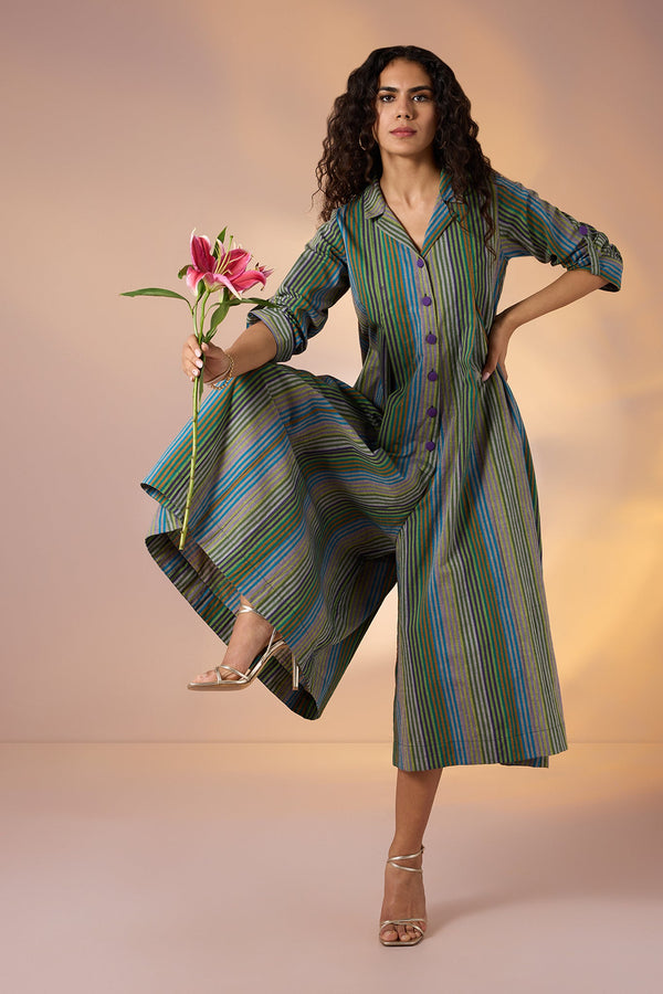 Maati Craft Forest Stripes Jumpsuit with Pockets & Collar