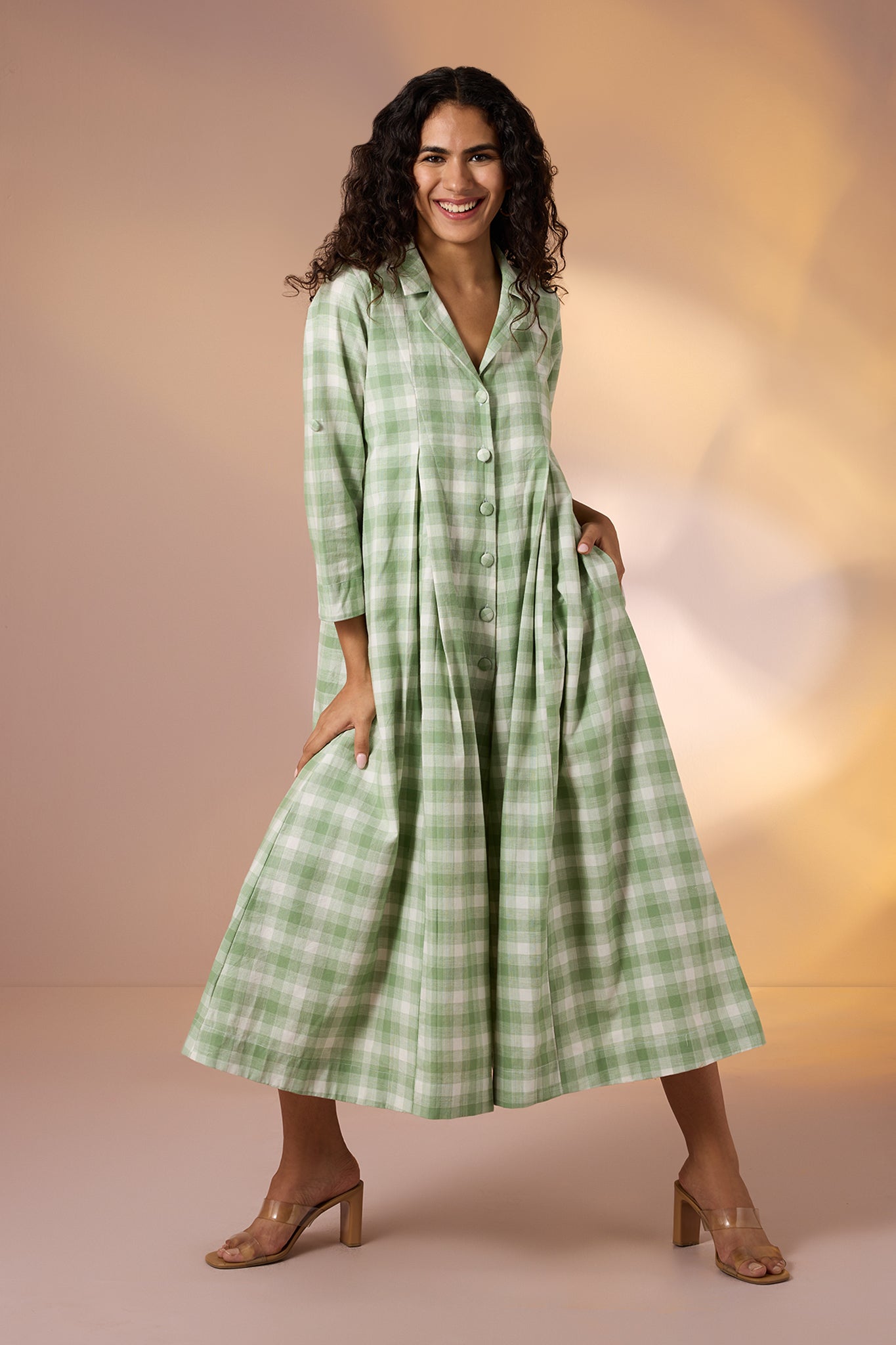 Maati Craft Gulabi Pastel Plaid Front Button Cotton Jumsuit With Pockets