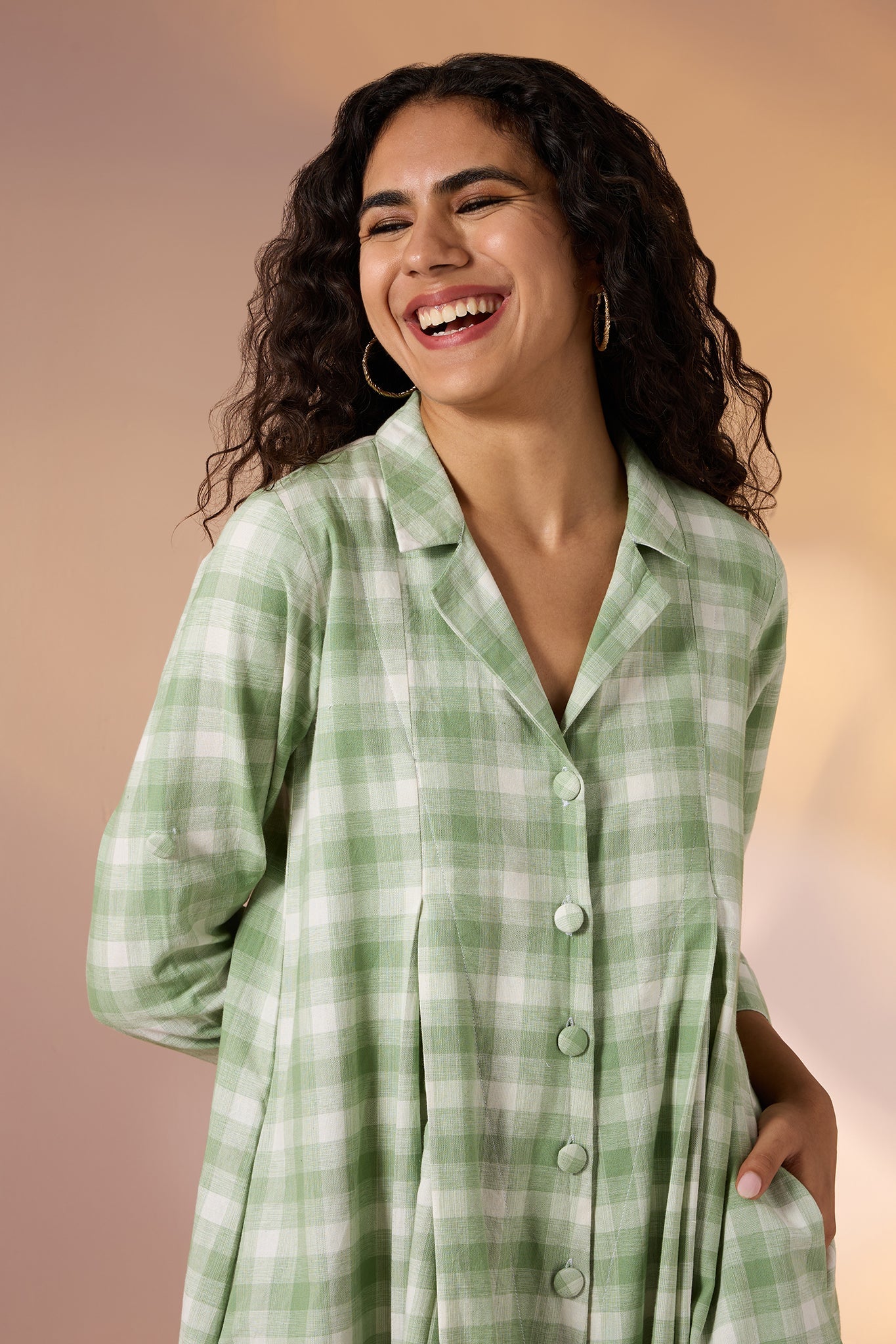 Maati Craft Gulabi Pastel Plaid Front Button Cotton Jumsuit With Pockets