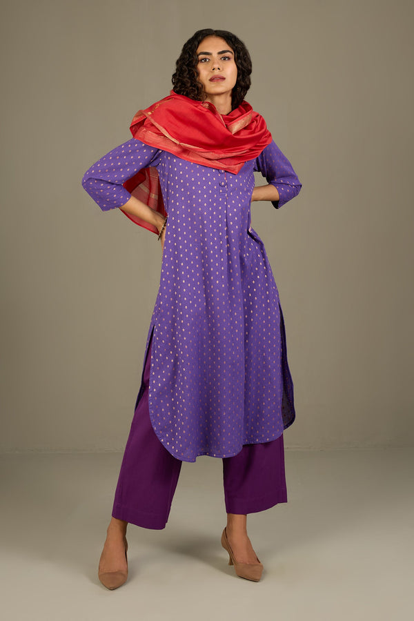 Maati Craft Gilded Violet Stand Collar Kurta with Round Hemline