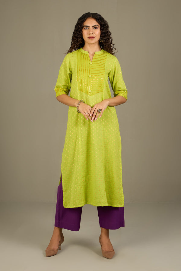 Maati Craft Lime Luster Stripes Long Panel Kurta Only