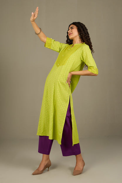 Maati Craft Lime Luster Stripes Long Panel Kurta Only