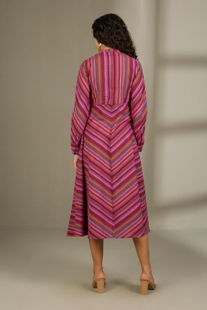 Maati Craft Rosy Rhythm Lines Flared Panel Midi Dress