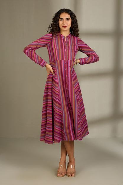 Maati Craft Rosy Rhythm Lines Flared Panel Midi Dress