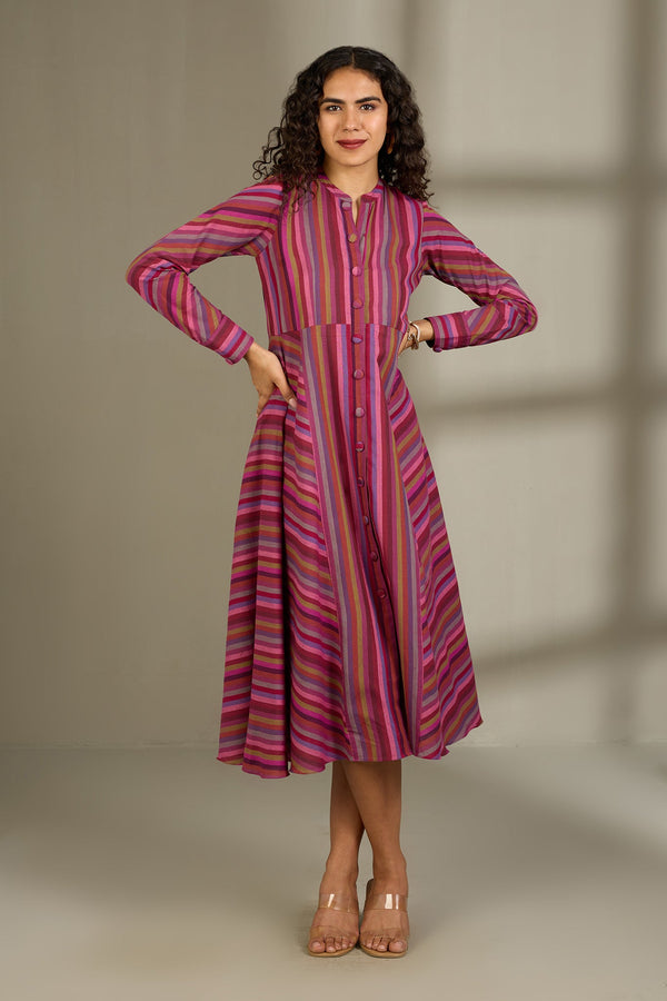 Maati Craft Rosy Rhythm Lines Flared Panel Midi Dress