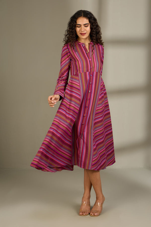 Maati Craft Rosy Rhythm Lines Flared Panel Midi Dress