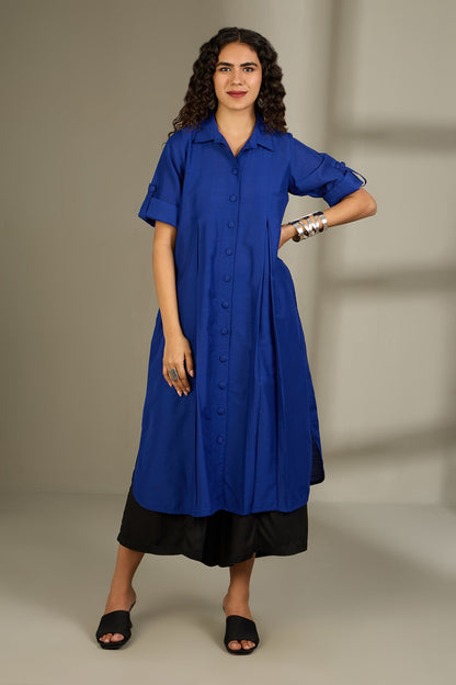 Maati Craft Sapphire Threads Silk Slub Box Pleat Button Down Shirt Dress