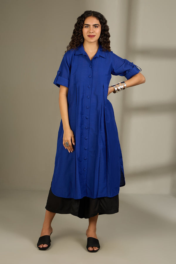 Maati Craft Sapphire Threads Silk Slub Box Pleat Button Down Shirt Dress