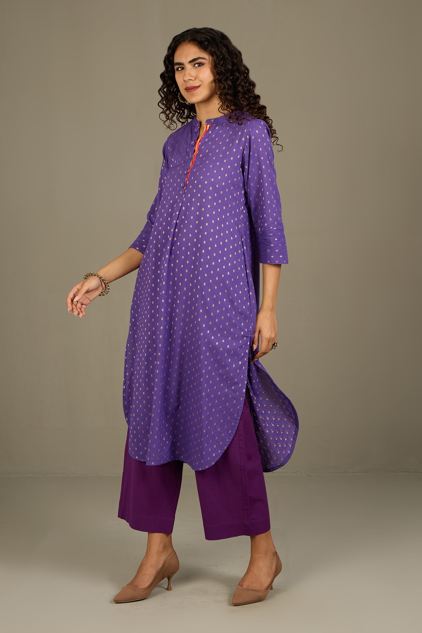 Maati Craft Gilded Violet Stand Collar Kurta with Round Hemline