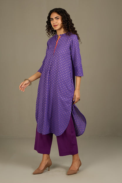 Maati Craft Gilded Violet Stand Collar Kurta with Round Hemline