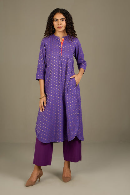 Maati Craft Gilded Violet Stand Collar Kurta with Round Hemline