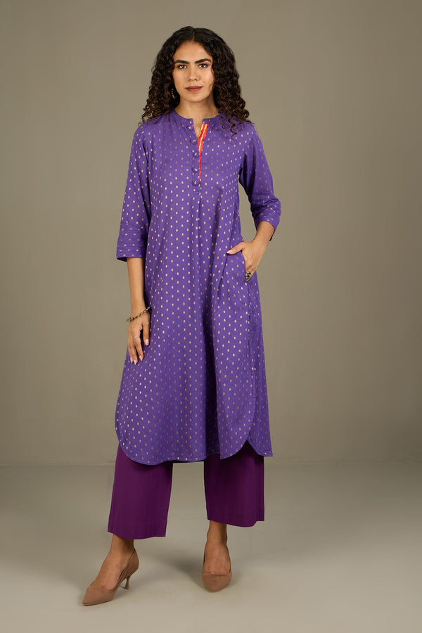 Maati Craft Gilded Violet Stand Collar Kurta with Round Hemline