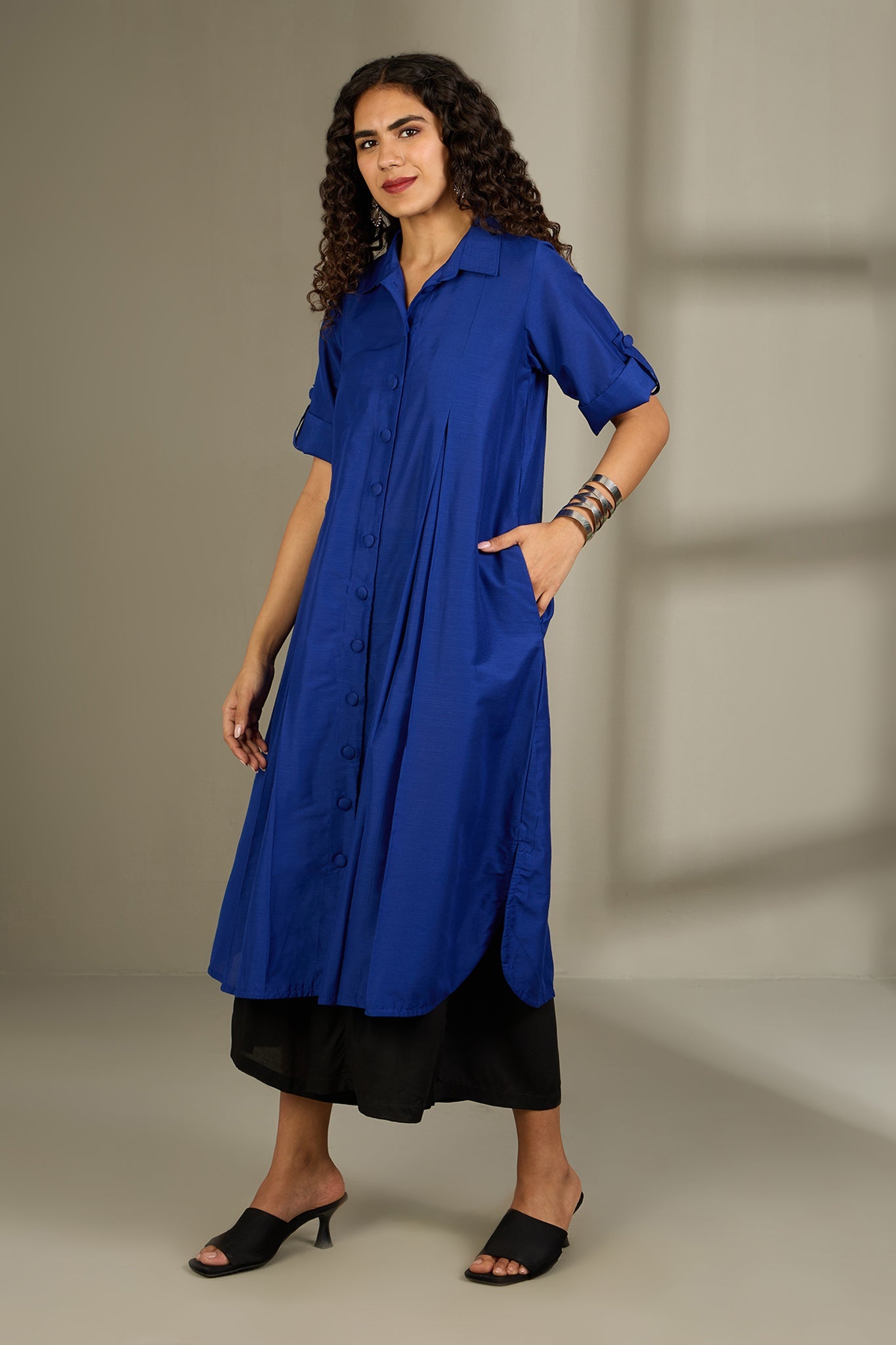 Maati Craft Sapphire Threads Silk Slub Box Pleat Button Down Shirt Dress