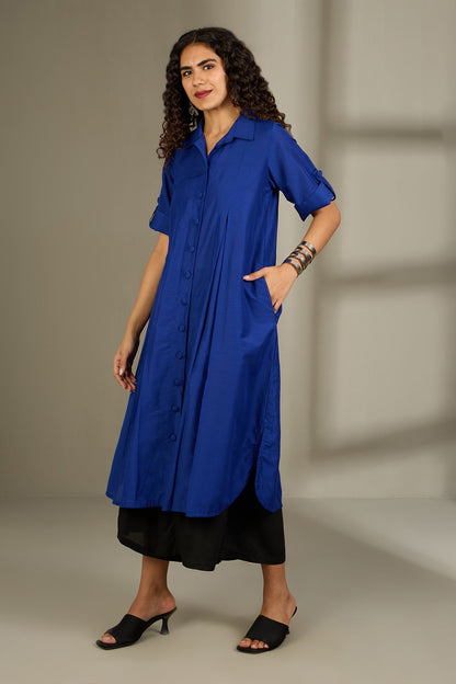 Maati Craft Sapphire Threads Silk Slub Box Pleat Button Down Shirt Dress