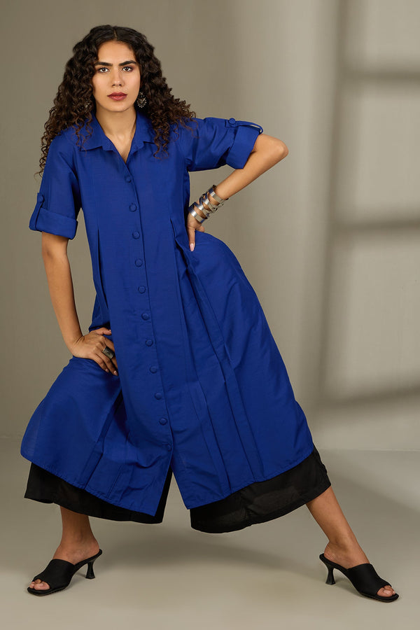 Maati Craft Sapphire Threads Silk Slub Box Pleat Button Down Shirt Dress