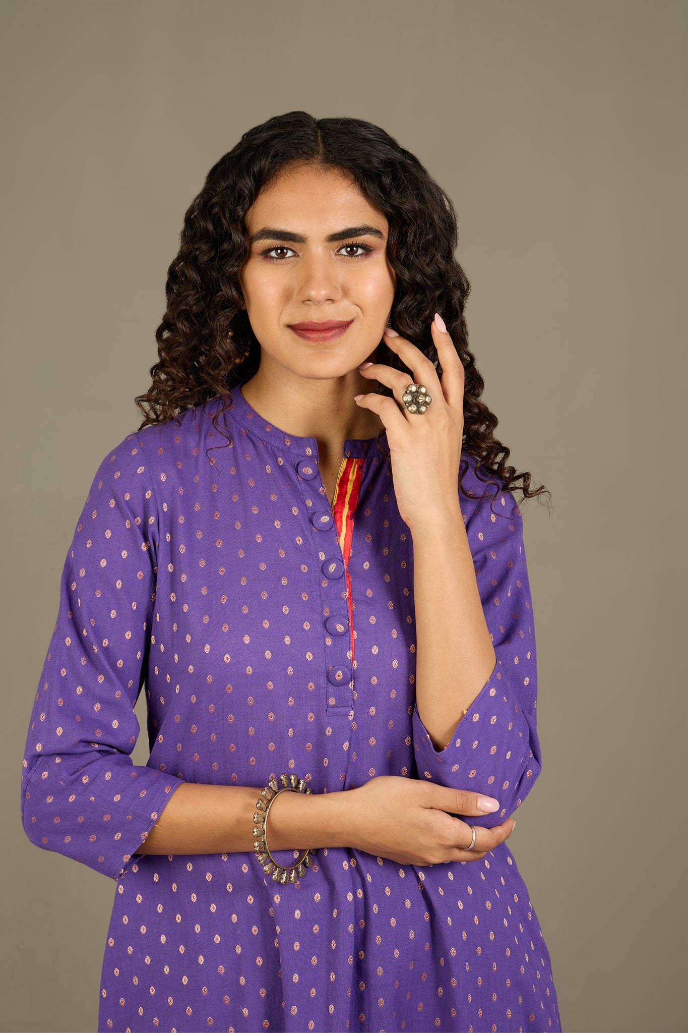 Maati Craft Gilded Violet Stand Collar Kurta with Round Hemline