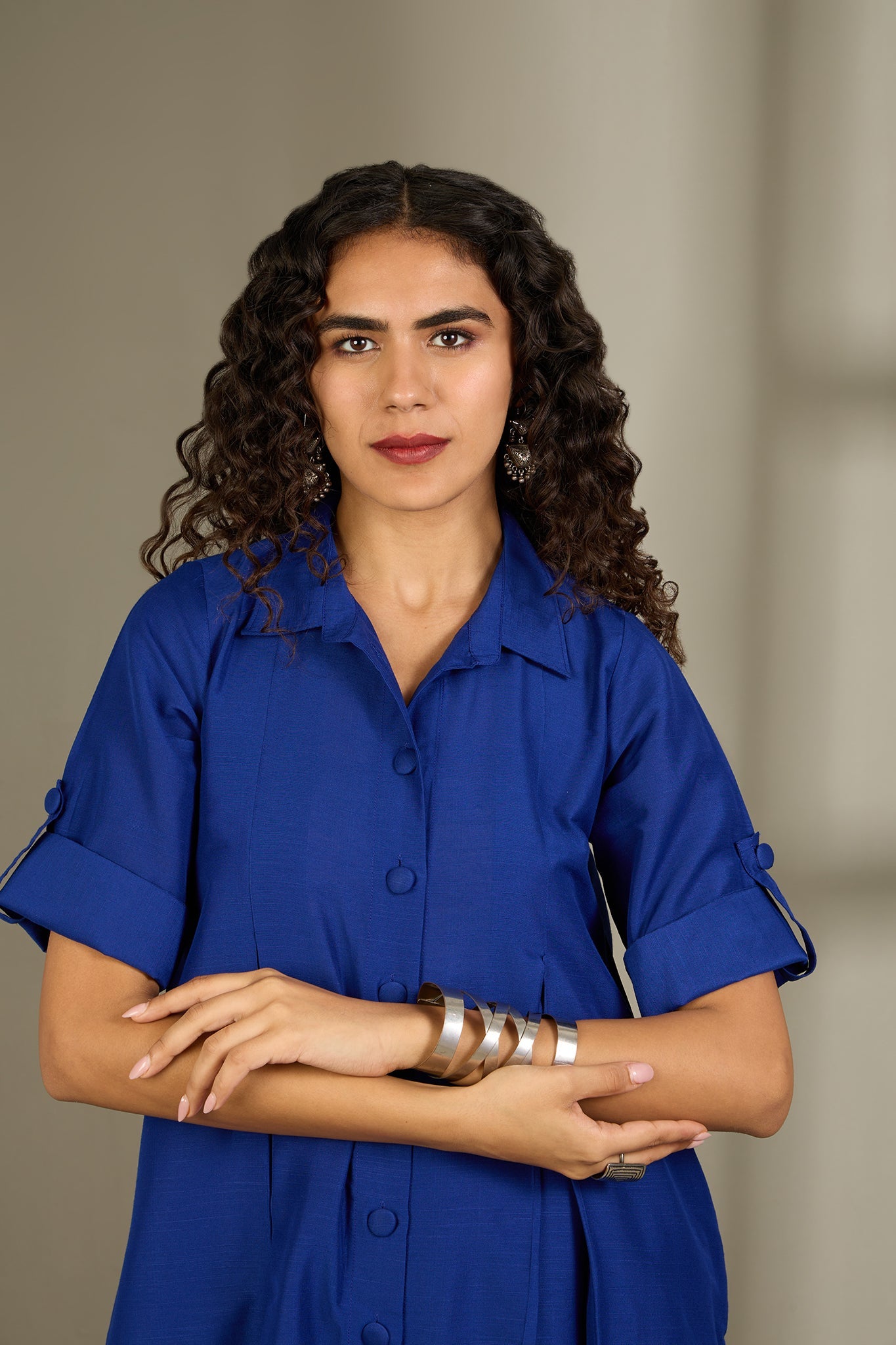 Maati Craft Sapphire Threads Silk Slub Box Pleat Button Down Shirt Dress