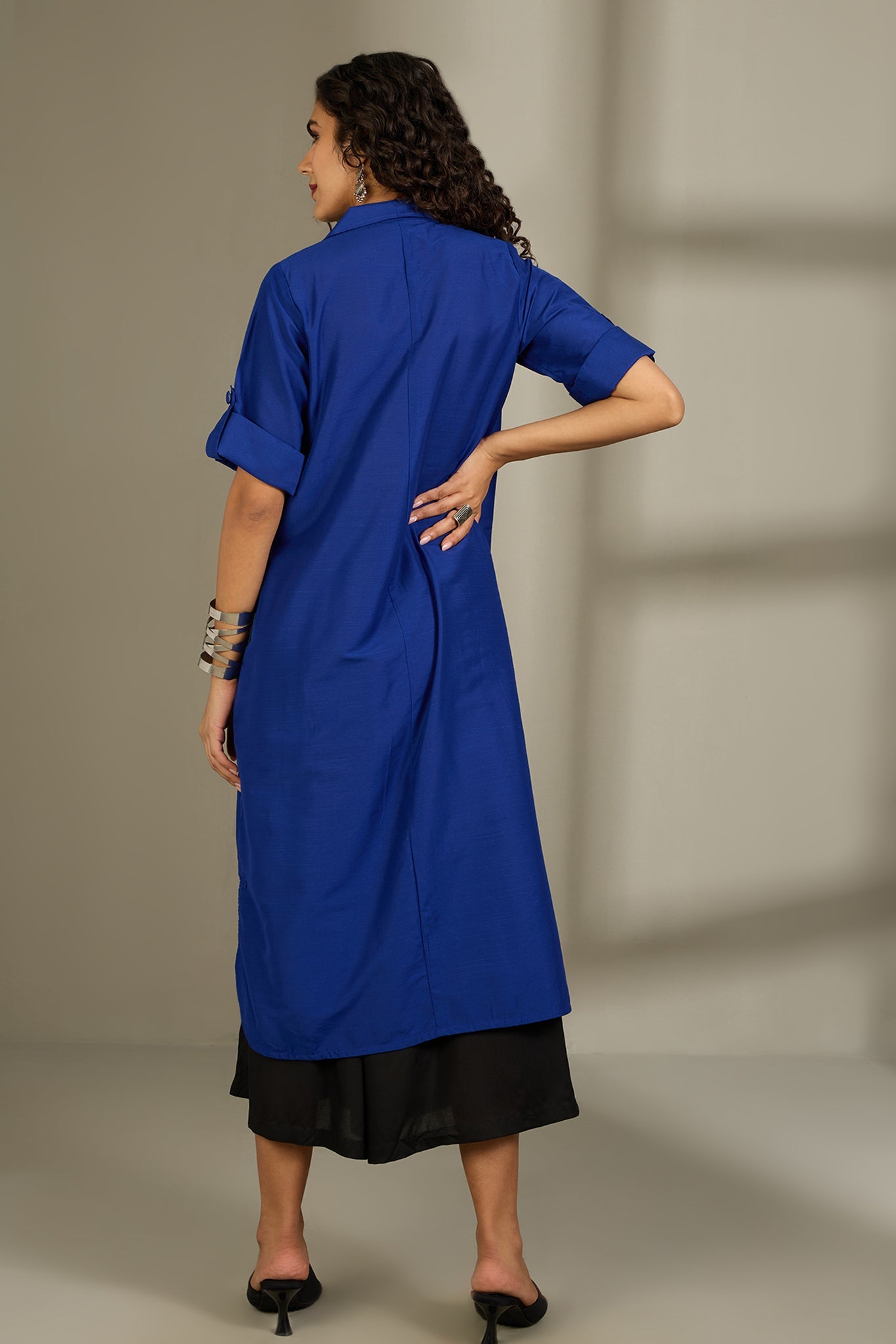 Maati Craft Sapphire Threads Silk Slub Box Pleat Button Down Shirt Dress