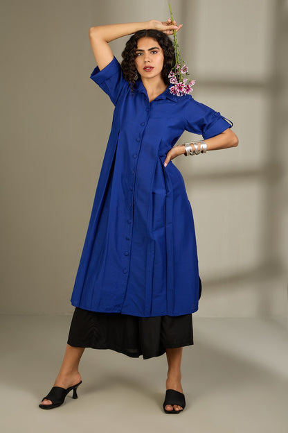 Maati Craft Sapphire Threads Silk Slub Box Pleat Button Down Shirt Dress