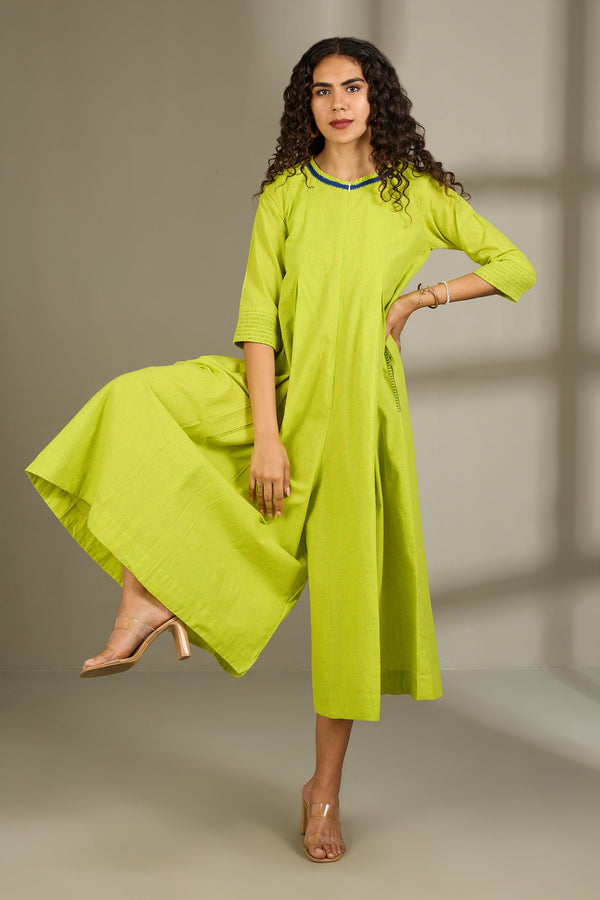 Maati Craft Lime Fizz Jumpsuit with Pockets & Smocked Sleeve