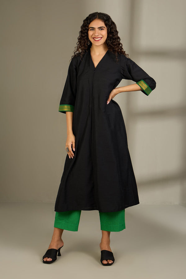 Maati Craft Midnight Ink & Forest Foil Front Zipper A-line Kurta