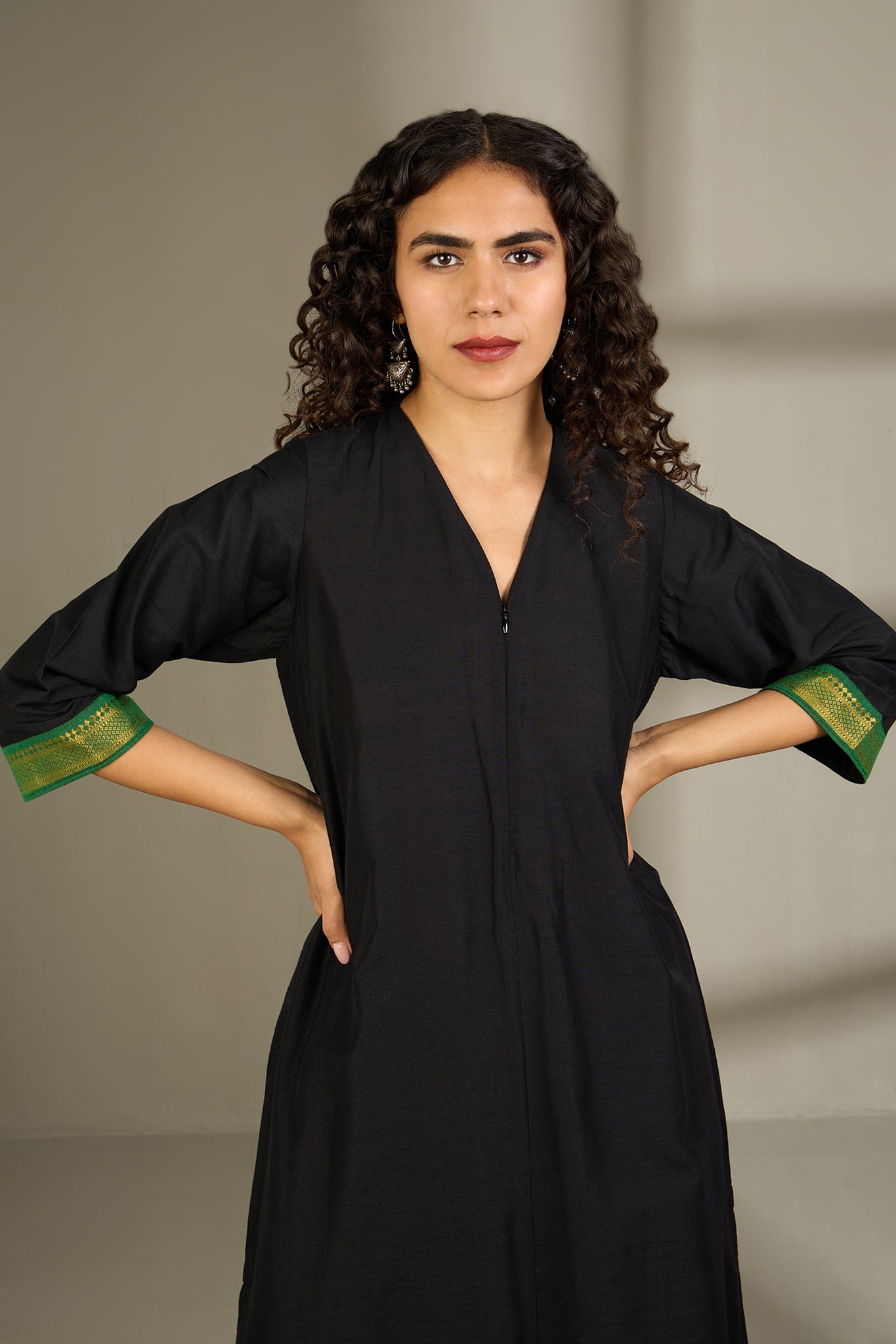 Maati Craft Midnight Ink & Forest Foil Front Zipper A-line Kurta