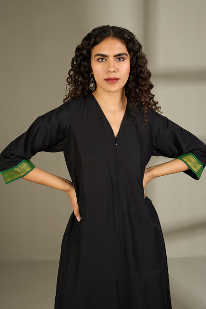 Maati Craft Midnight Ink & Forest Foil Front Zipper A-line Kurta
