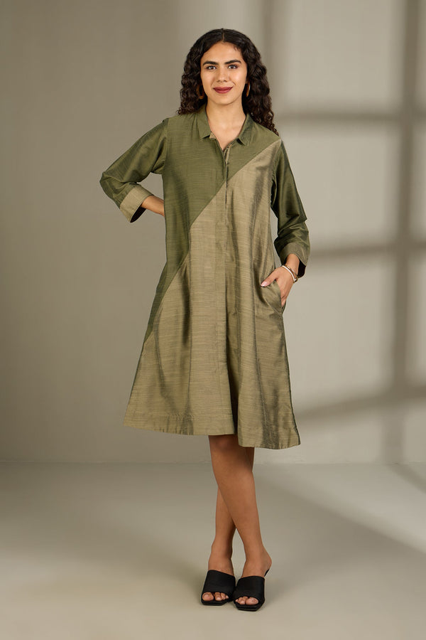 Maati Craft Olive Dust & Ember Silk Slub Cross Shirt Dress