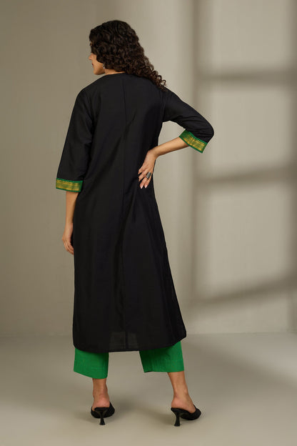 Maati Craft Midnight Ink & Forest Foil Front Zipper A-line Kurta