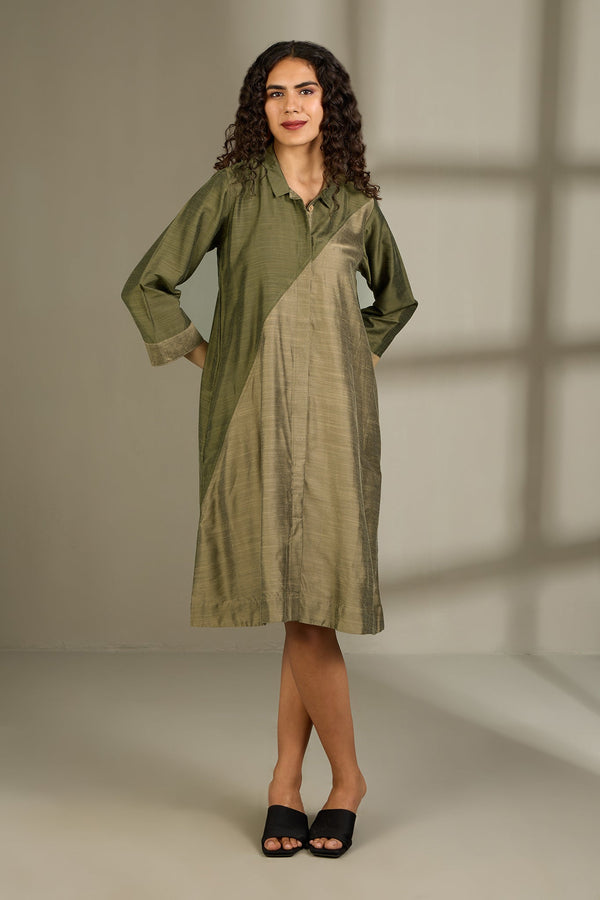Maati Craft Olive Dust & Ember Silk Slub Cross Shirt Dress