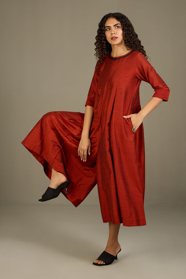 Maati Craft Lustrous Earth Jumpsuit with Pockets & Smocked Sleeve