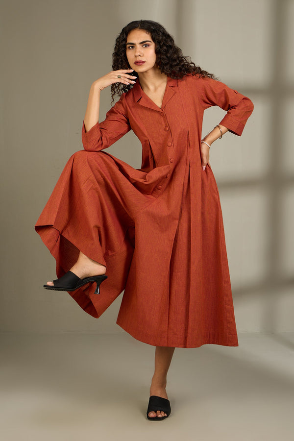 Maati Craft Burnished Earth Cotton Jumpsuit with Pockets & Collar