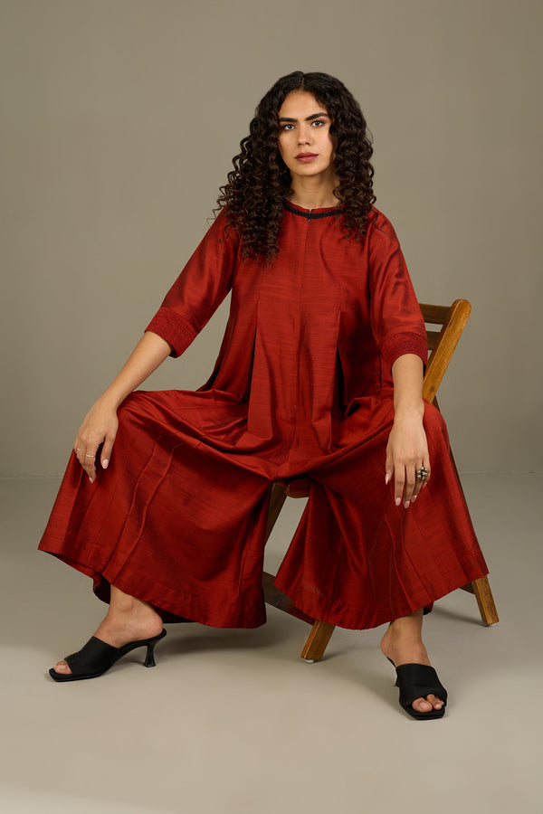 Maati Craft Lustrous Earth Jumpsuit with Pockets & Smocked Sleeve