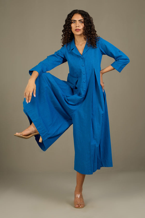 Maati Craft Azure Serenade Cotton Jumpsuit with Pockets & Collar