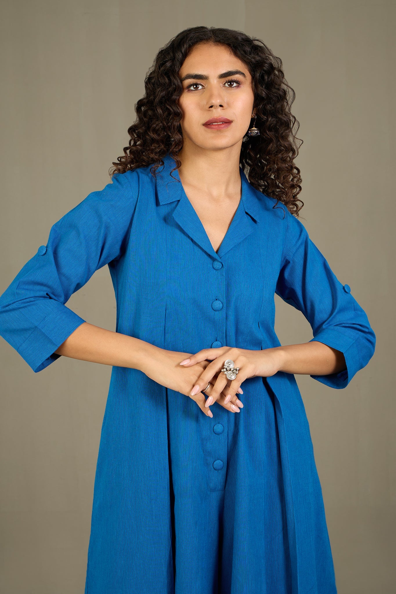 Maati Craft Azure Serenade Cotton Jumpsuit with Pockets & Collar